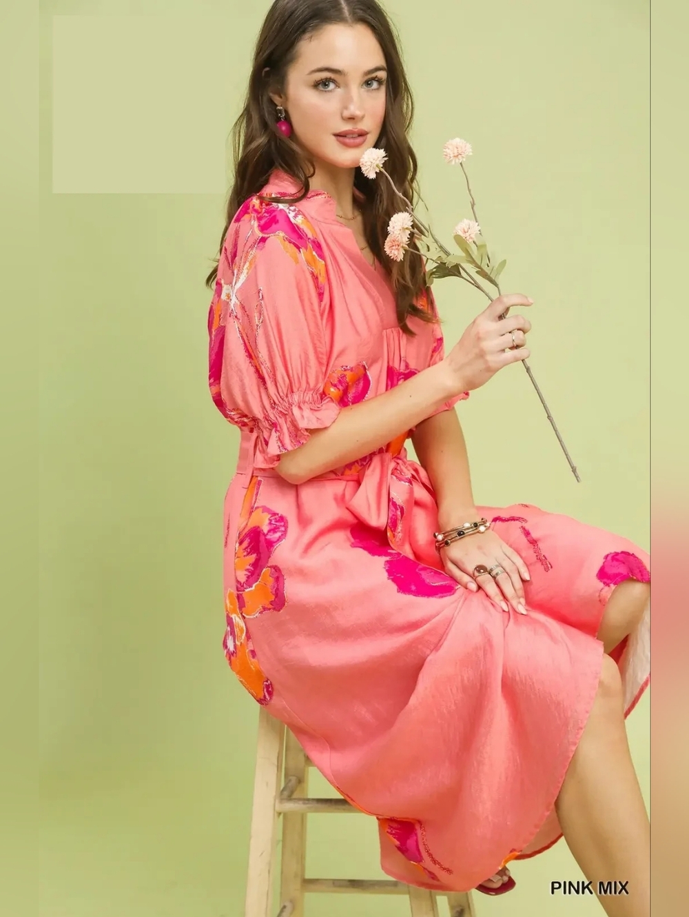 New Arrival!! Umgee Floral Flounce Sleeve Midi Dress with Belted - Picture 6 of 9